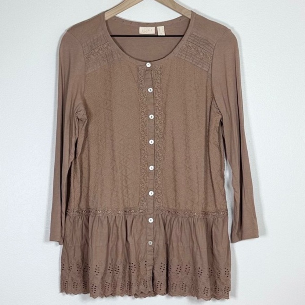 LOGO Lavish Women Top S Brown Eyelet Lace Ruffle Peplum Boho Cottagecore Neutral